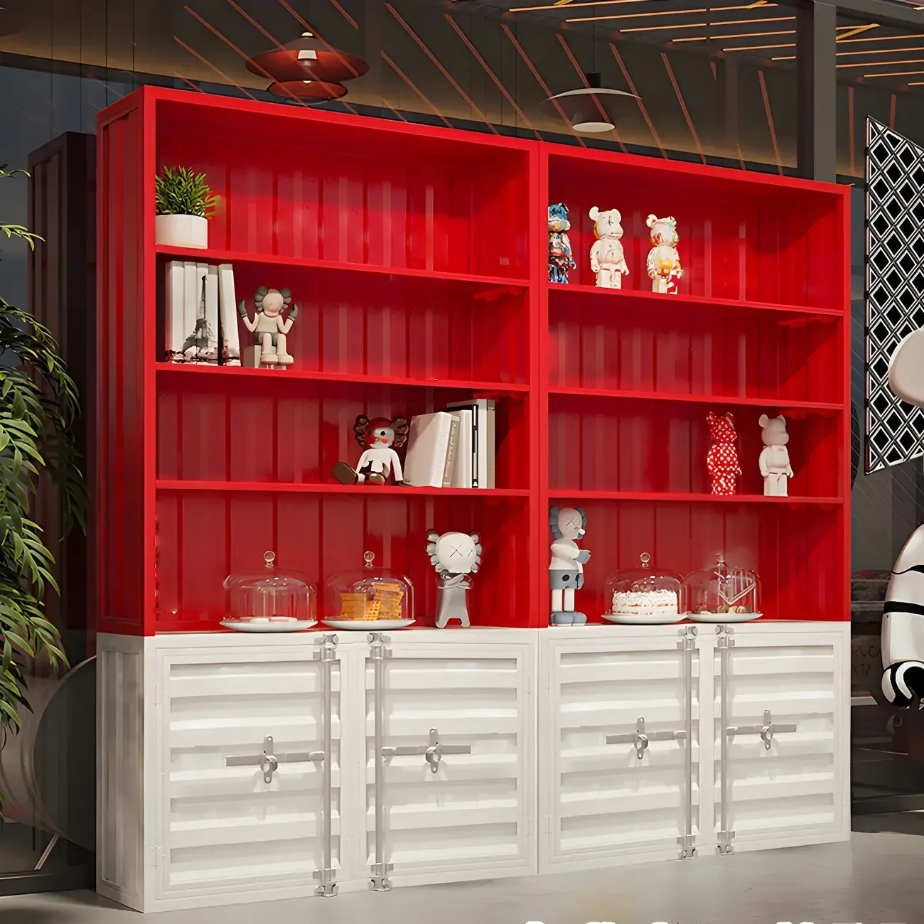 Industrial Red Metal Display Cabinet with Open Storage for Home Image - 2