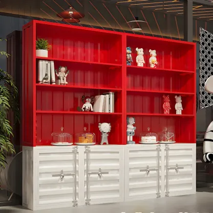 Industrial Red Metal Display Cabinet with Open Storage for Home Image - 2
