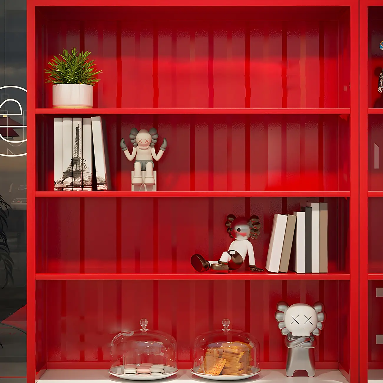 Industrial Red Metal Display Cabinet with Open Storage for Home Image - 6 | homeyfad
