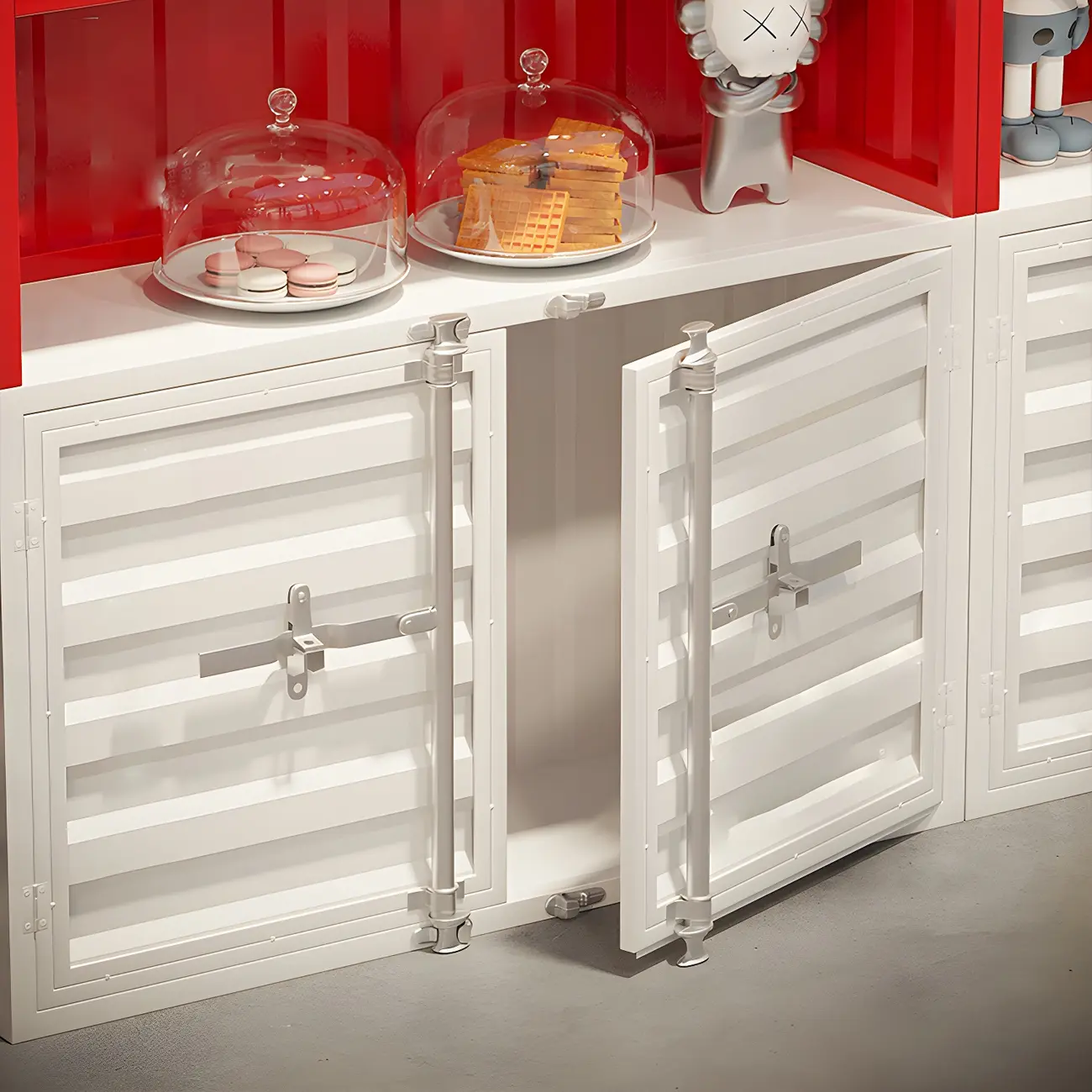 Industrial Red Metal Display Cabinet with Open Storage for Home Image - 7 | homeyfad