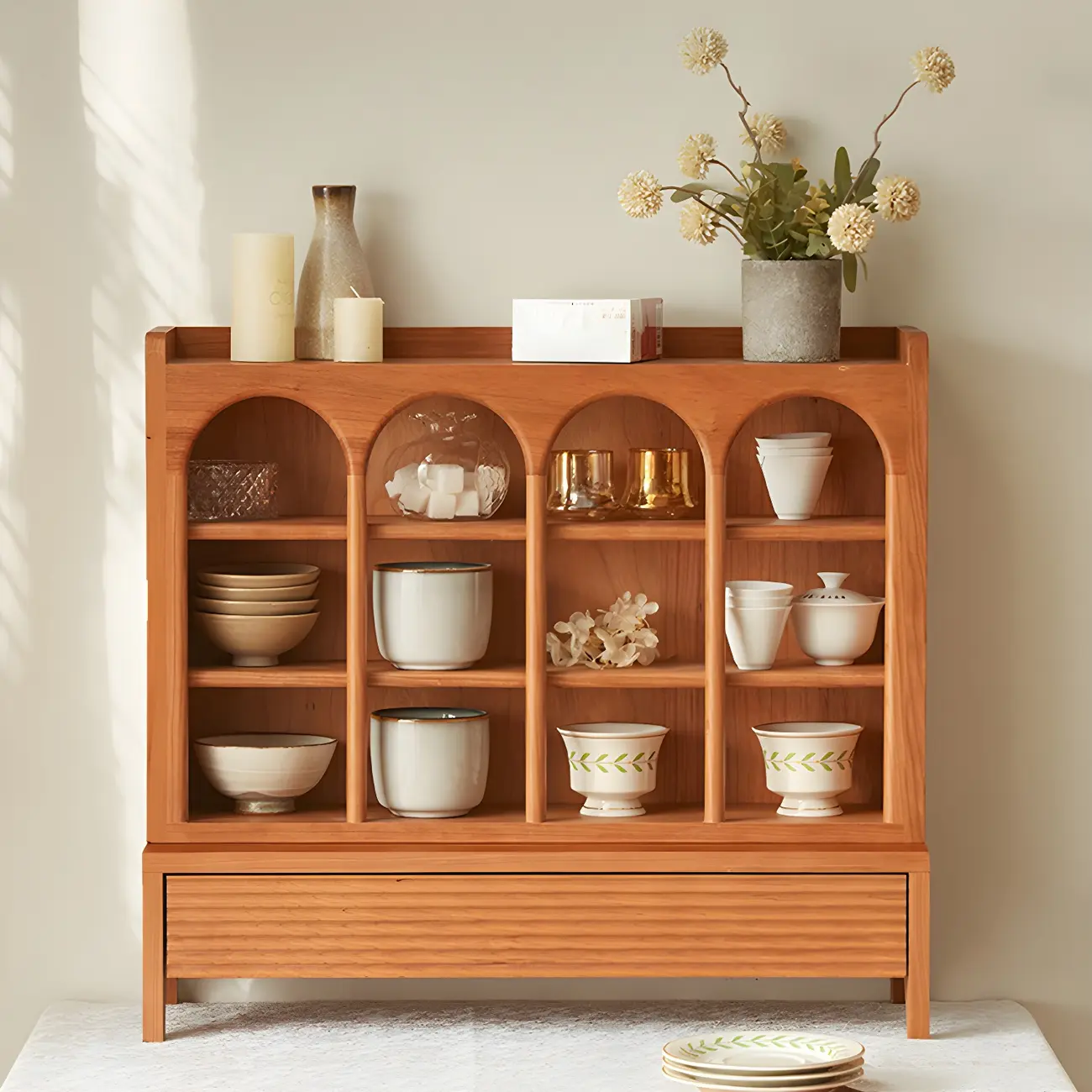 Classic Cheery Wooden Open Display Cabinet for Dining Room Image - 2 | homeyfad