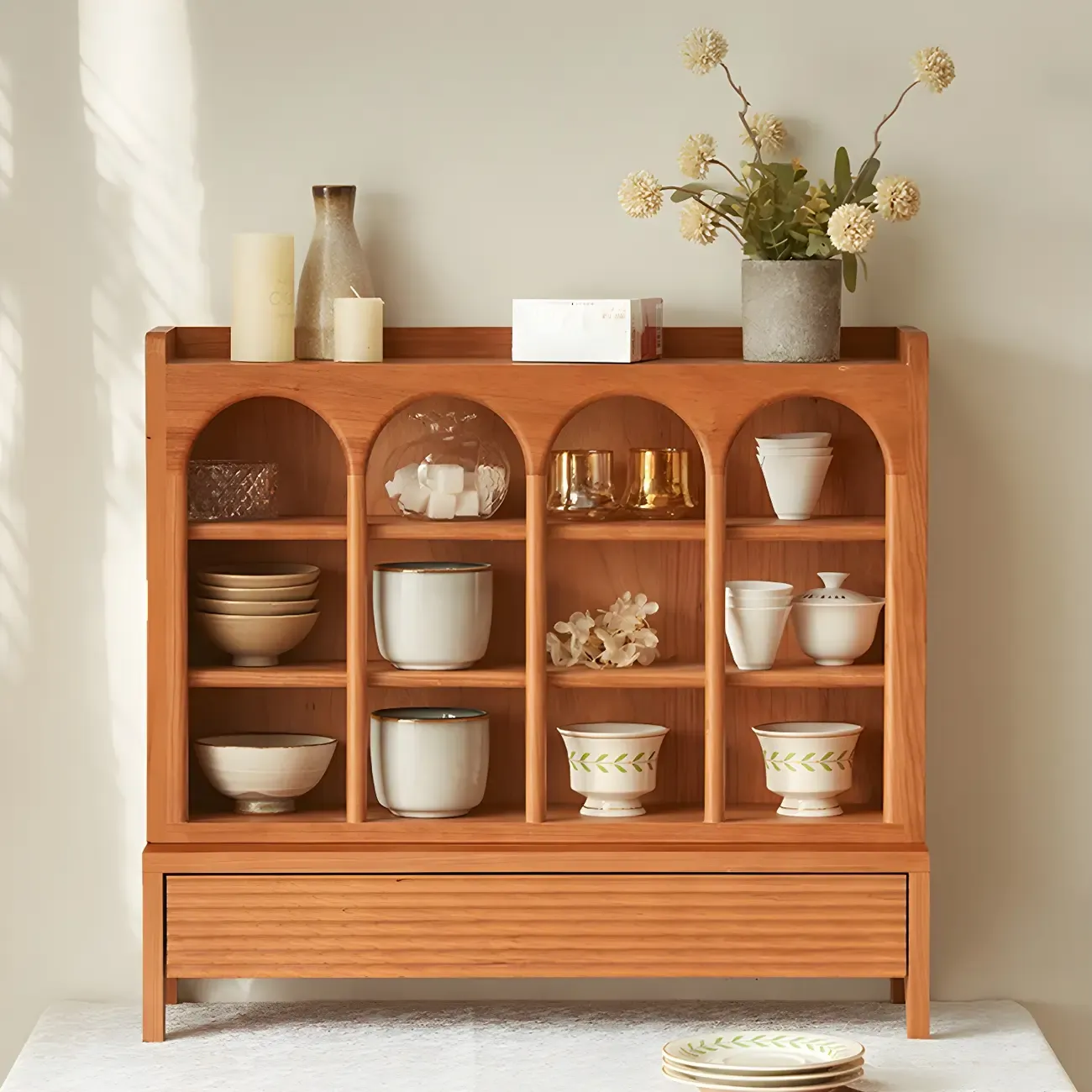 Classic Cheery Wooden Open Display Cabinet for Dining Room Image - 2