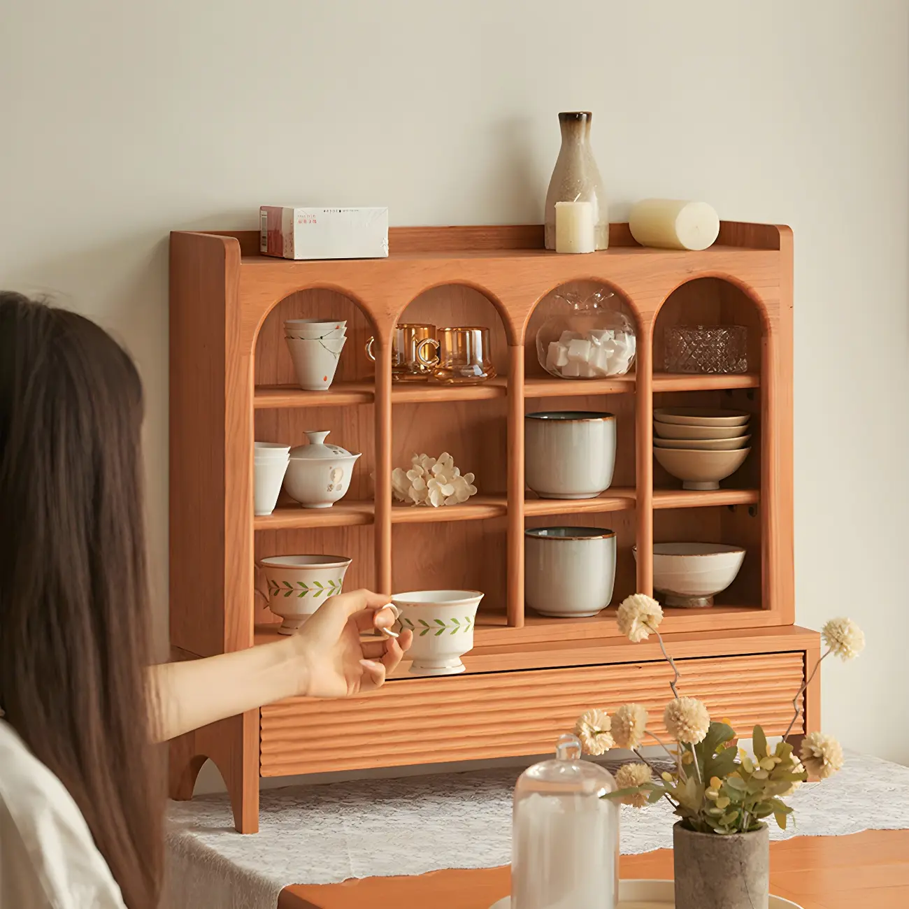 Classic Cheery Wooden Open Display Cabinet for Dining Room Image - 3 | homeyfad