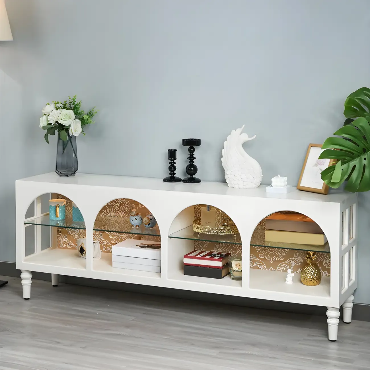 Modern Wooden Display Cabinet with Glass Shelves for Kitchen Image - 1