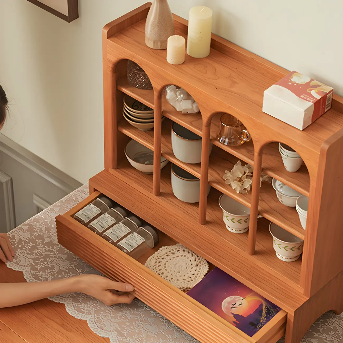 Classic Cheery Wooden Open Display Cabinet for Dining Room Image - 11 | homeyfad