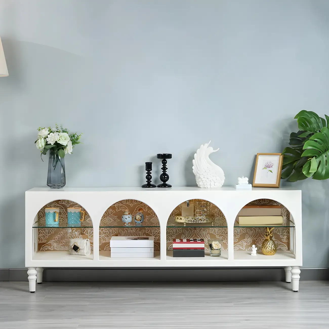 Modern Wooden Display Cabinet with Glass Shelves for Kitchen Image - 3