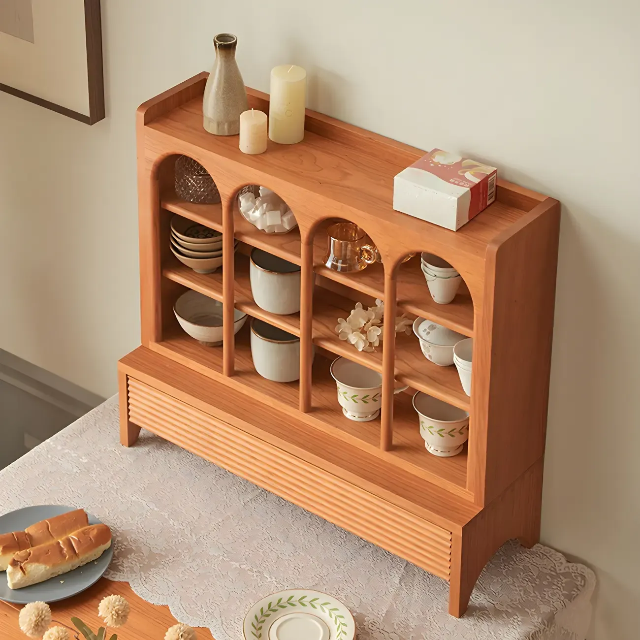 Classic Cheery Wooden Open Display Cabinet for Dining Room Image - 12