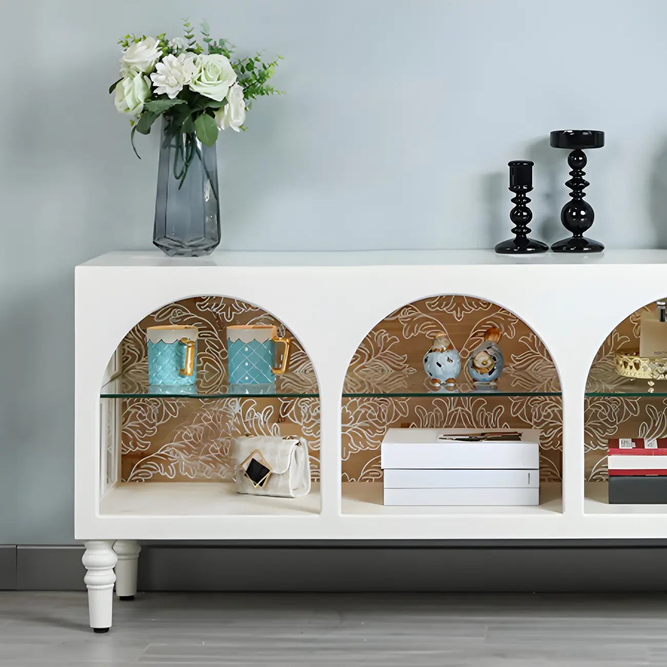 Modern Wooden Display Cabinet with Glass Shelves for Kitchen Image - 4 | homeyfad