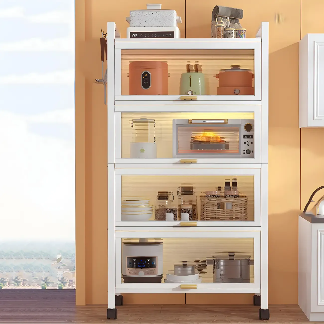 Elegant White Steel Display Cabinet with Shelves Image - 3