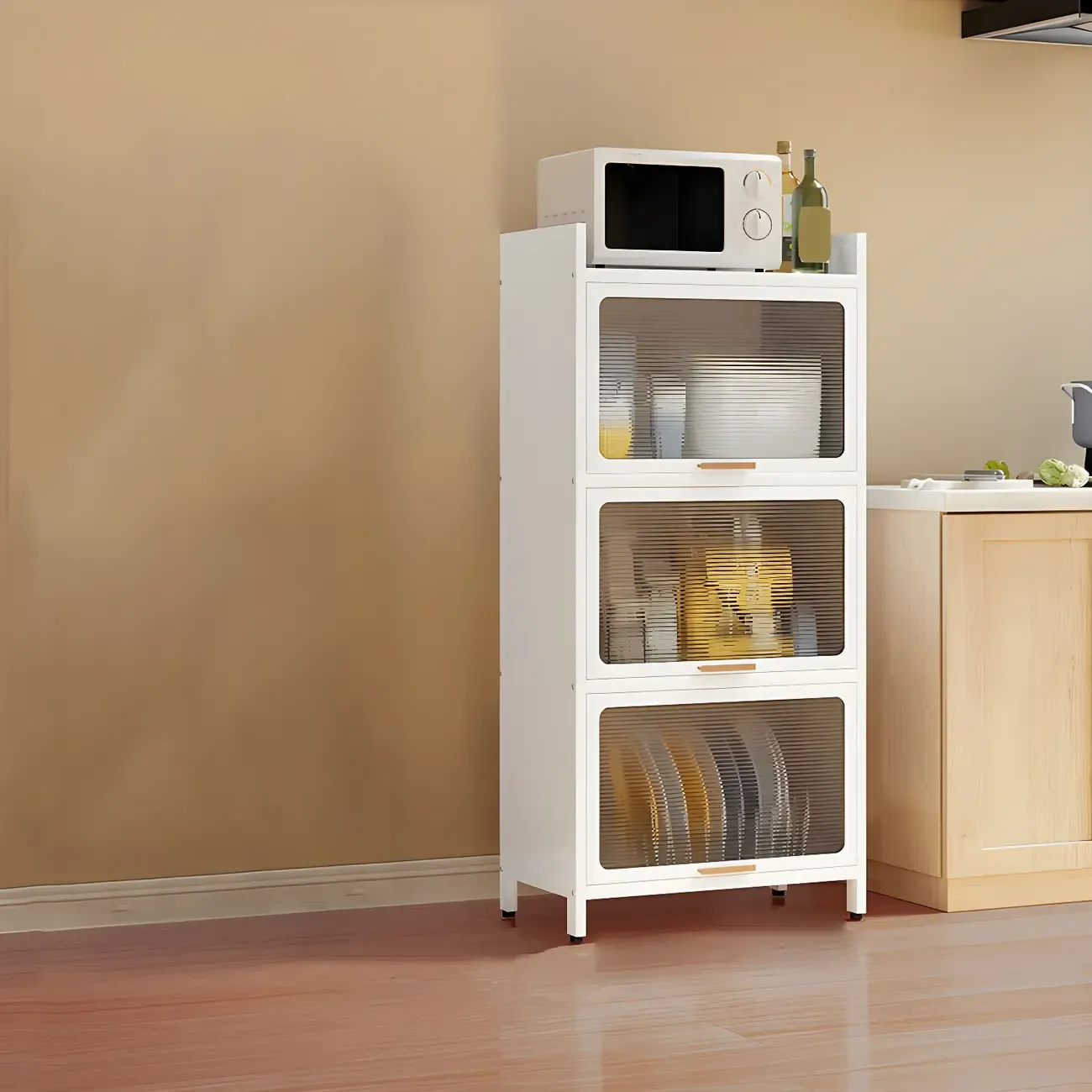 Modern White Steel Glass Door China Cabinet with Casters | HomeyFad