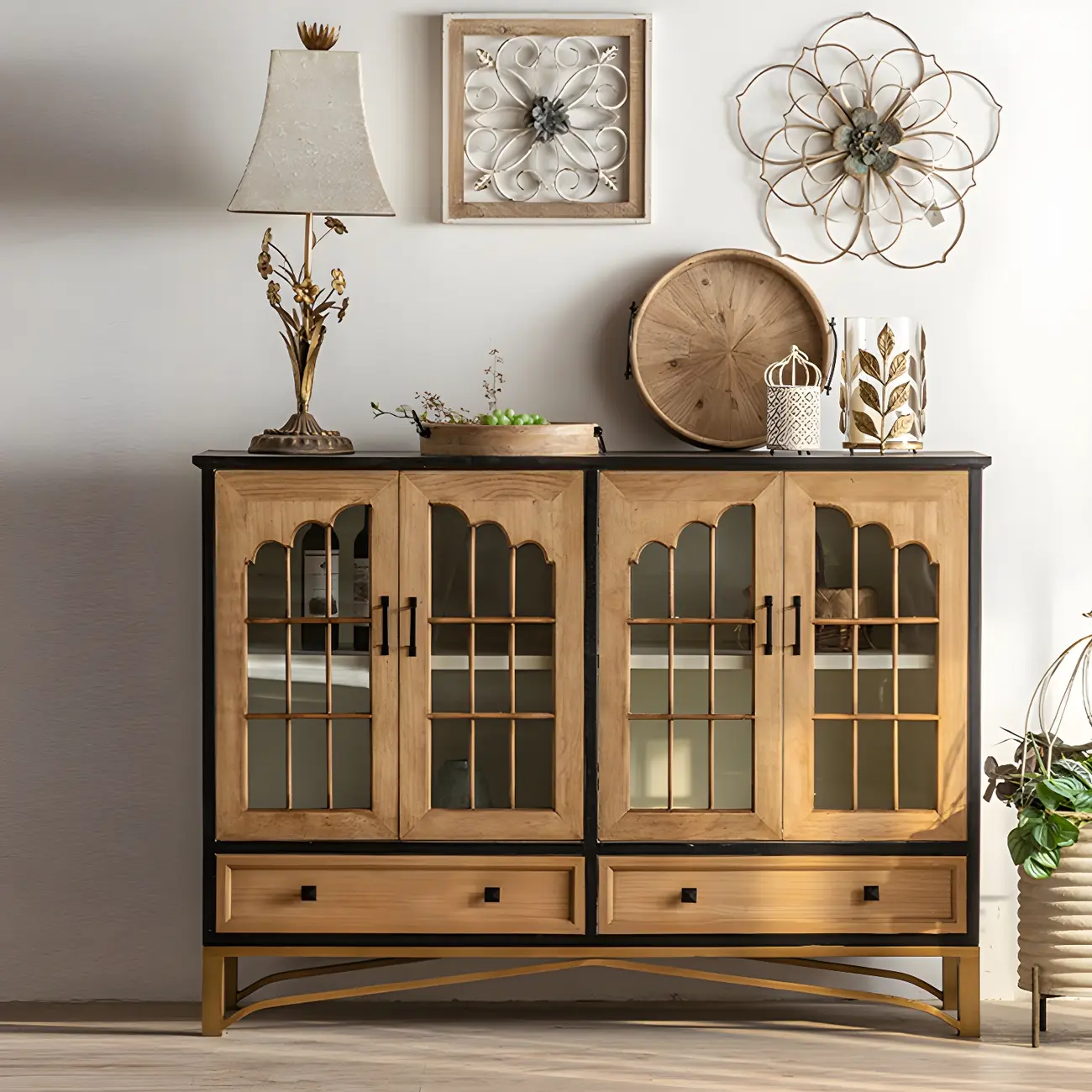 Vintage Wooden Display Cabinet with 2-Drawers for Home Decor Image - 1 | homeyfad