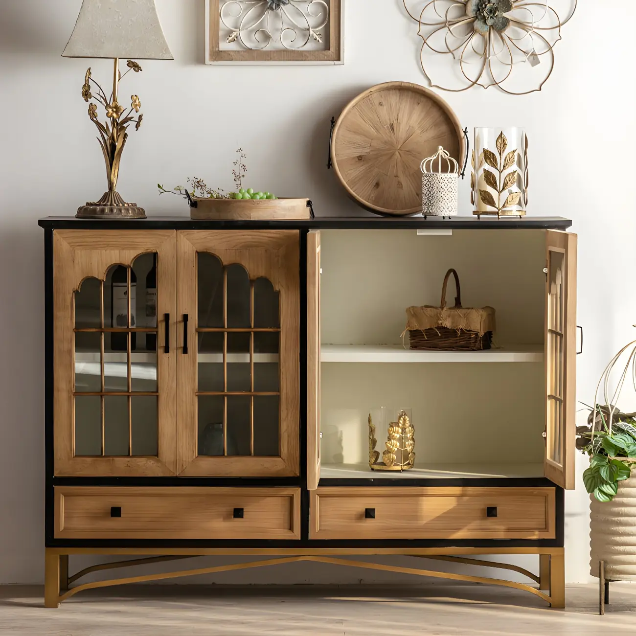 Vintage Wooden Display Cabinet with 2-Drawers for Home Decor Image - 2 | homeyfad