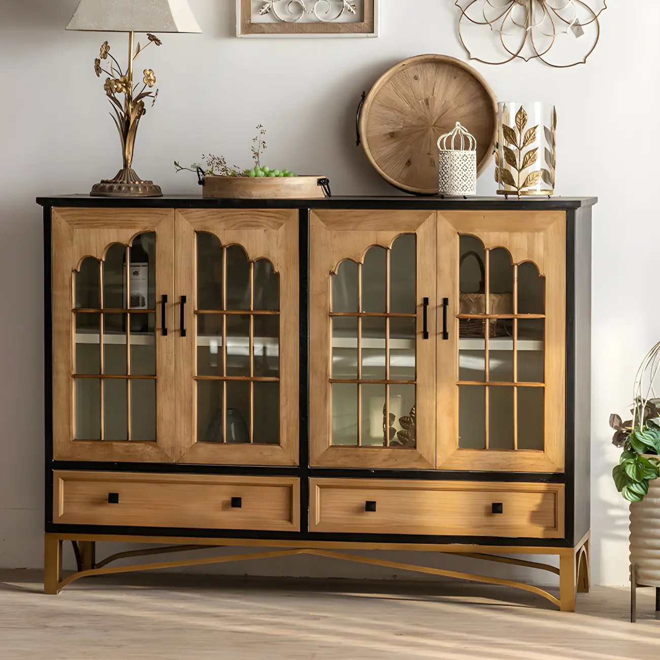 Vintage Wooden Display Cabinet with 2-Drawers for Home Decor Image - 3 | homeyfad