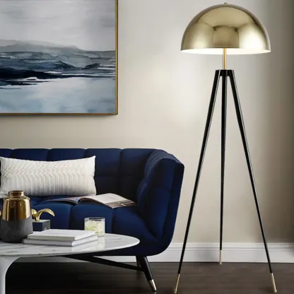 Modern Metal Tripod Floor Lamp with Gold Shade for Living Room Image - 1
