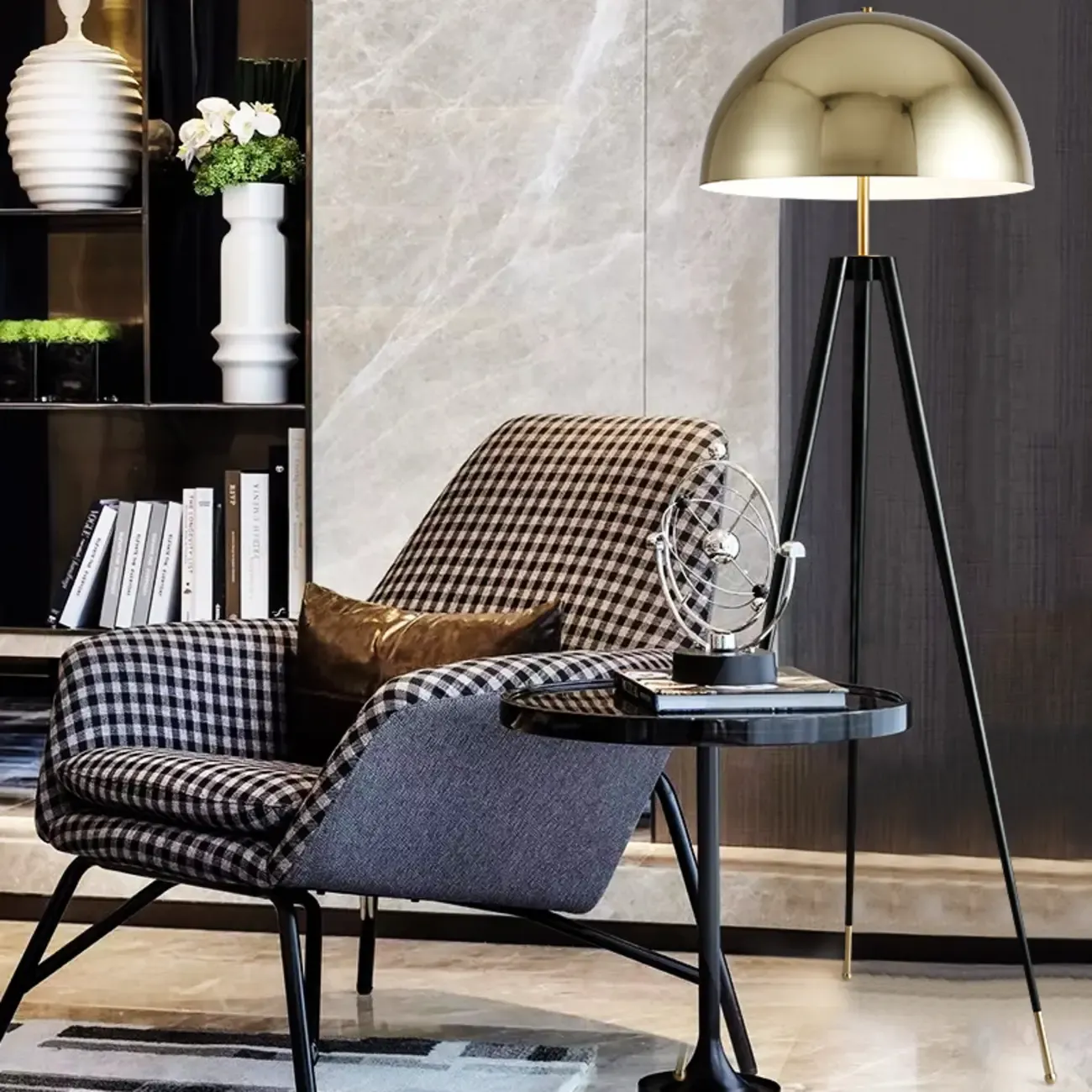 Modern Metal Tripod Floor Lamp with Gold Shade for Living Room Image - 2