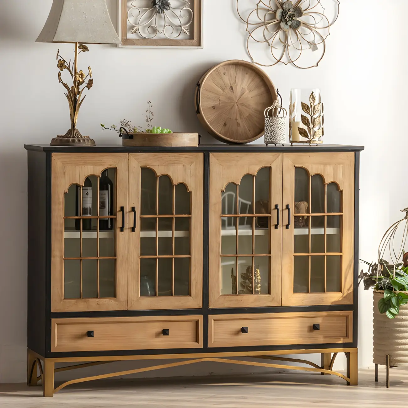 Vintage Wooden Display Cabinet with 2-Drawers for Home Decor Image - 13 | homeyfad