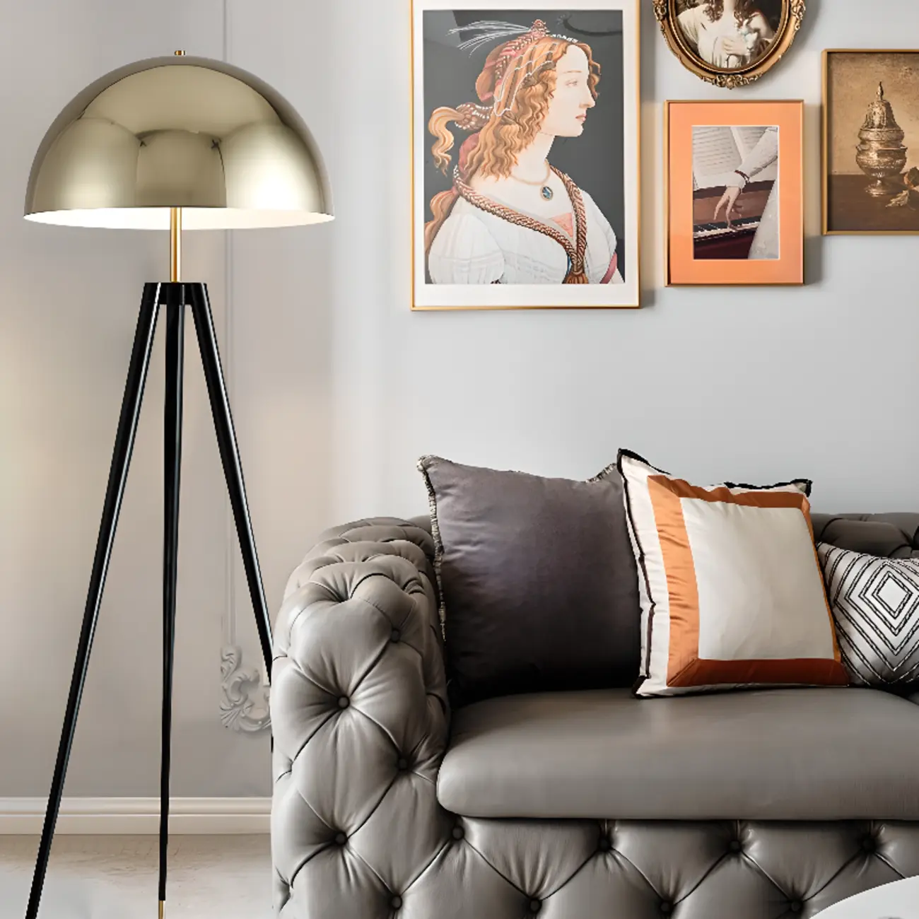 Modern Metal Tripod Floor Lamp with Gold Shade for Living Room Image - 3 | homeyfad