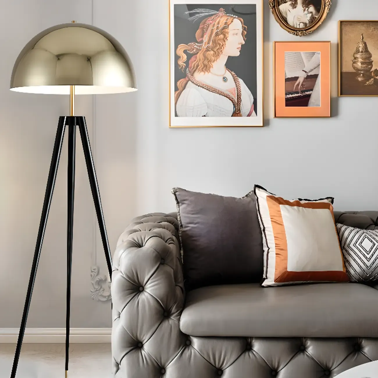 Modern Metal Tripod Floor Lamp with Gold Shade for Living Room Image - 3