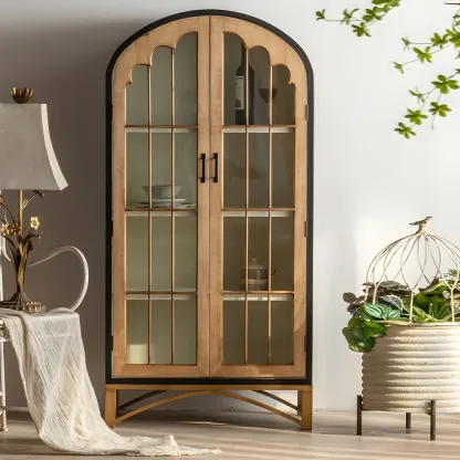 Vintage Wooden Arch Display Cabinet with Glass Doors for Home Image - 5