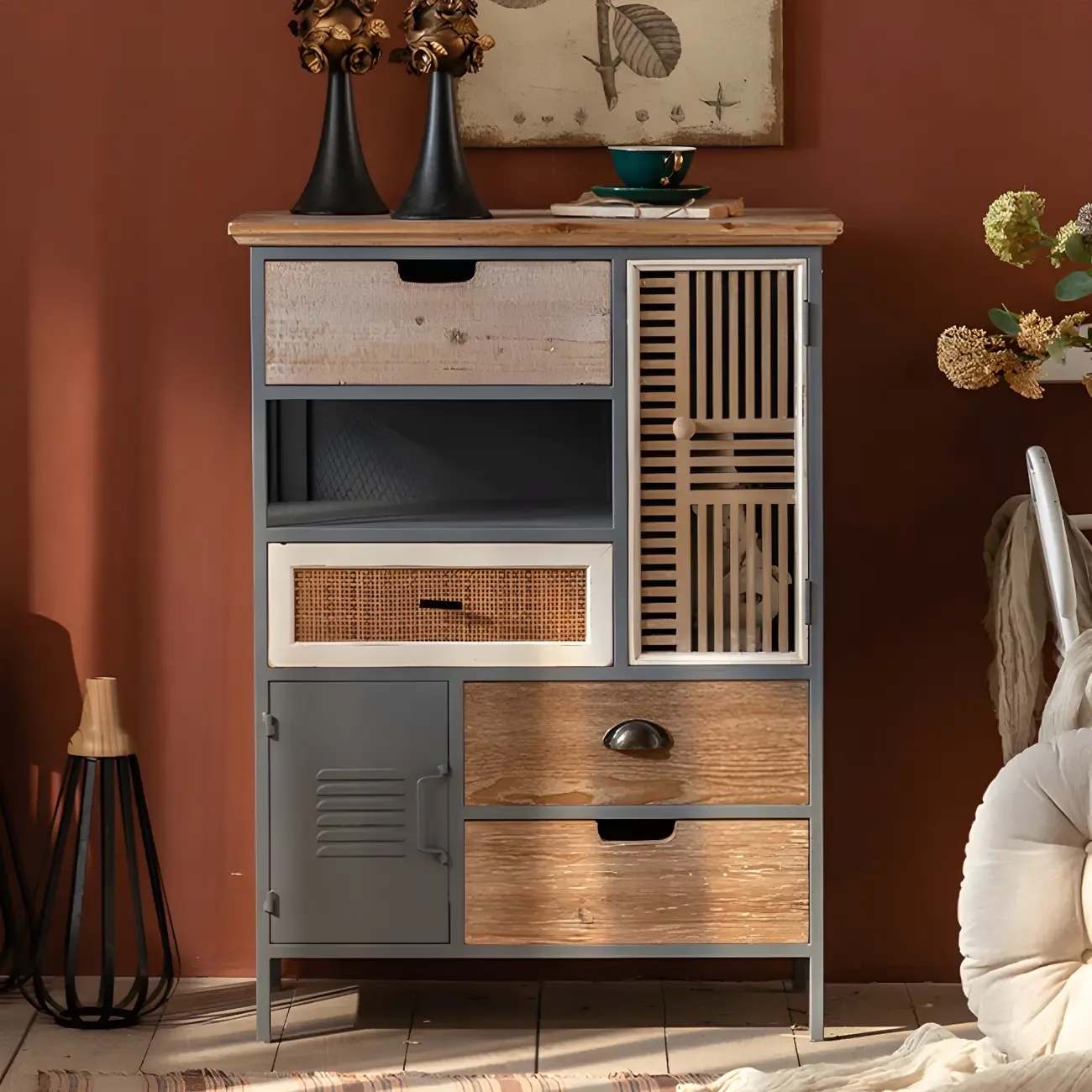 Vintage Wooden Arch Display Cabinet with Glass Doors for Home Image - 6