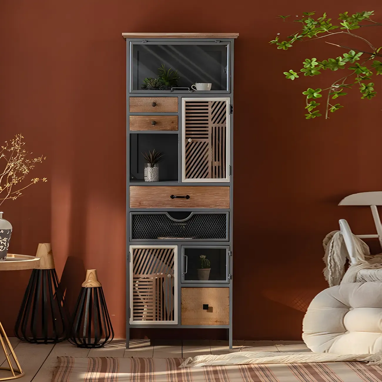 Vintage Wooden Arch Display Cabinet with Glass Doors for Home Image - 7