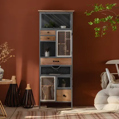 Vintage Wooden Arch Display Cabinet with Glass Doors for Home Image - 7