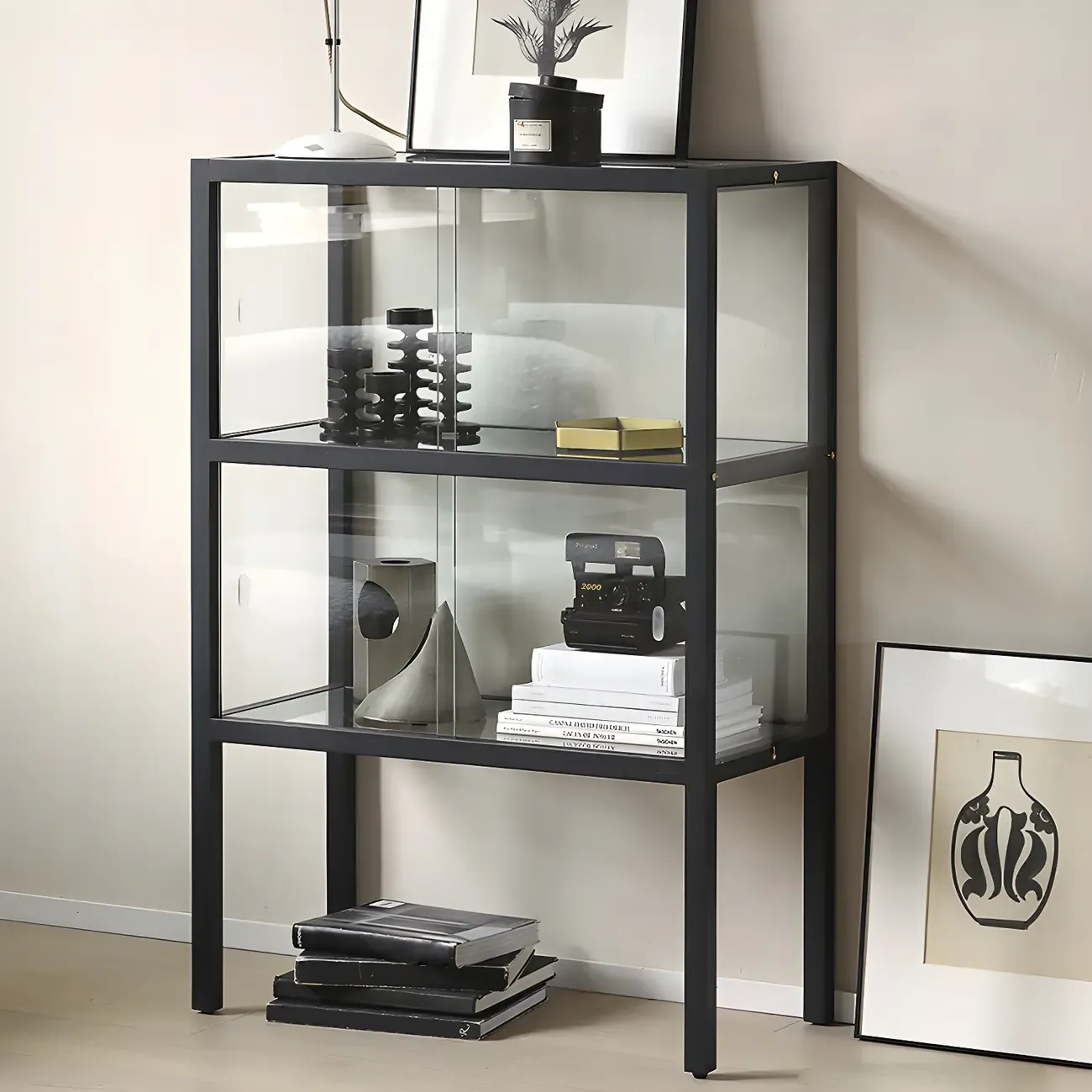 Modern Black Glass Display Cabinet with Metal Frame | HomeyFad