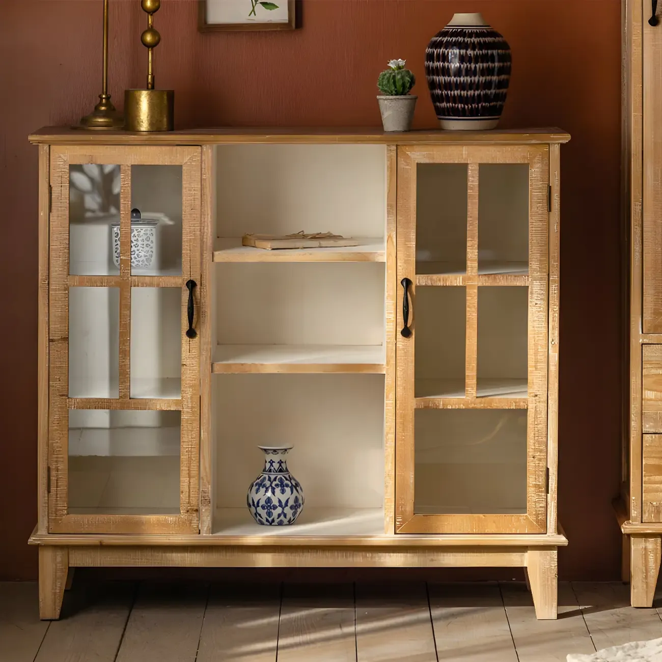 Vintage Wooden Arch Display Cabinet with Glass Doors for Home Image - 11