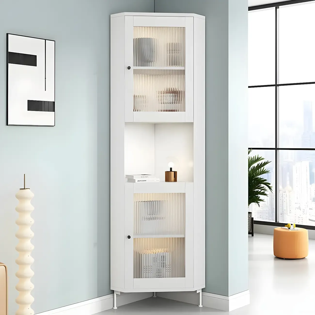 Modern Wooden Corner Display Cabinet with Glass Doors for Home Image - 17