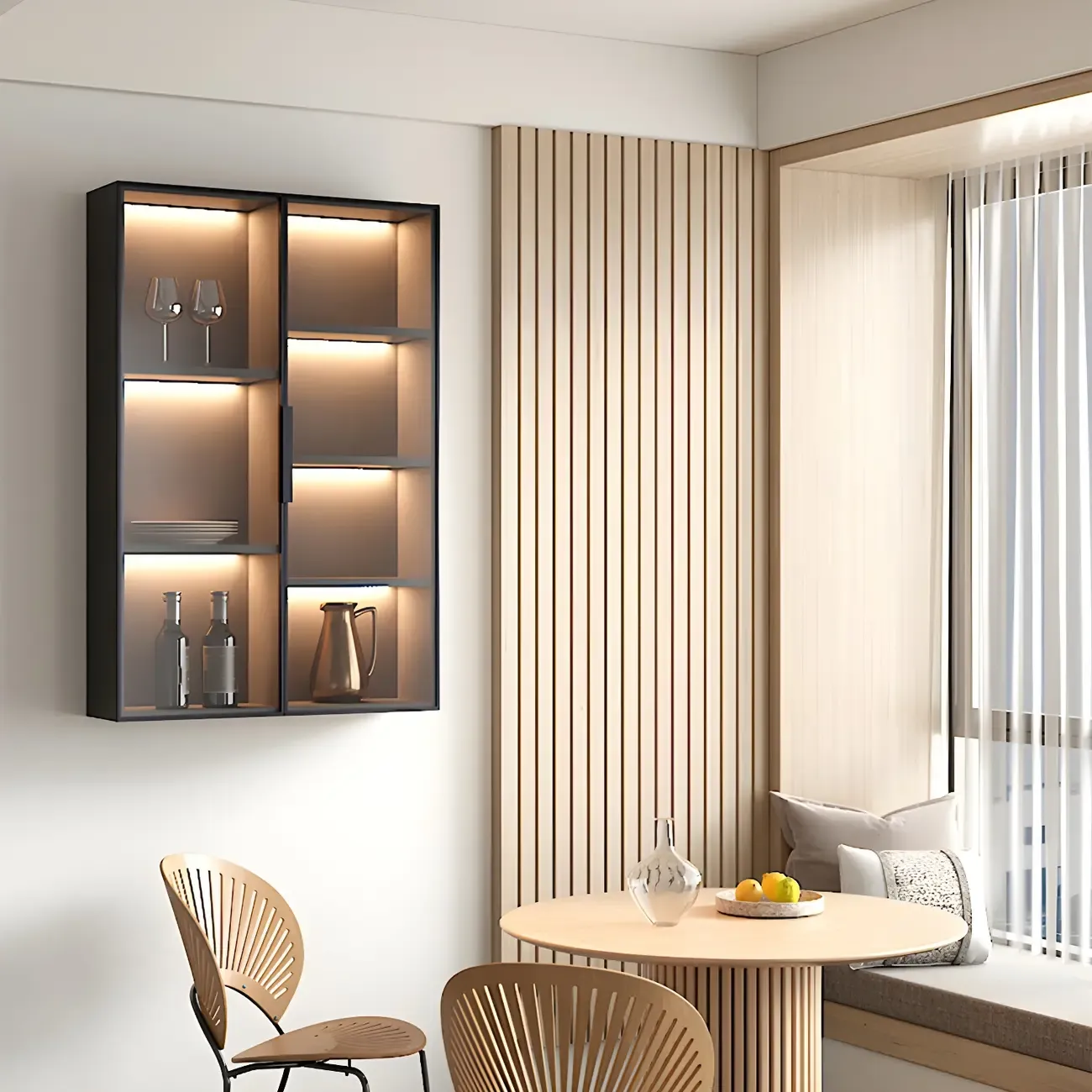 Contemporary Wall-Mounted Wooden Display Cabinet with Lights Image - 1