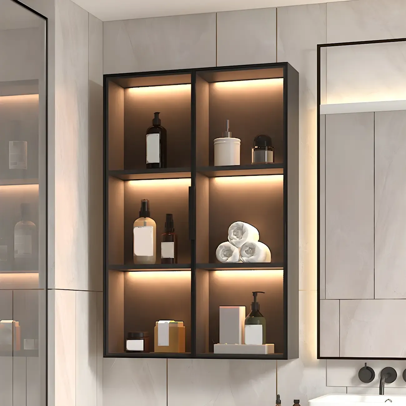 Contemporary Wall-Mounted Wooden Display Cabinet with Lights Image - 4