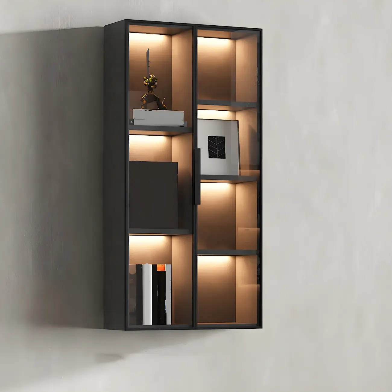 Contemporary Wall-Mounted Wooden Display Cabinet with Lights Image - 7