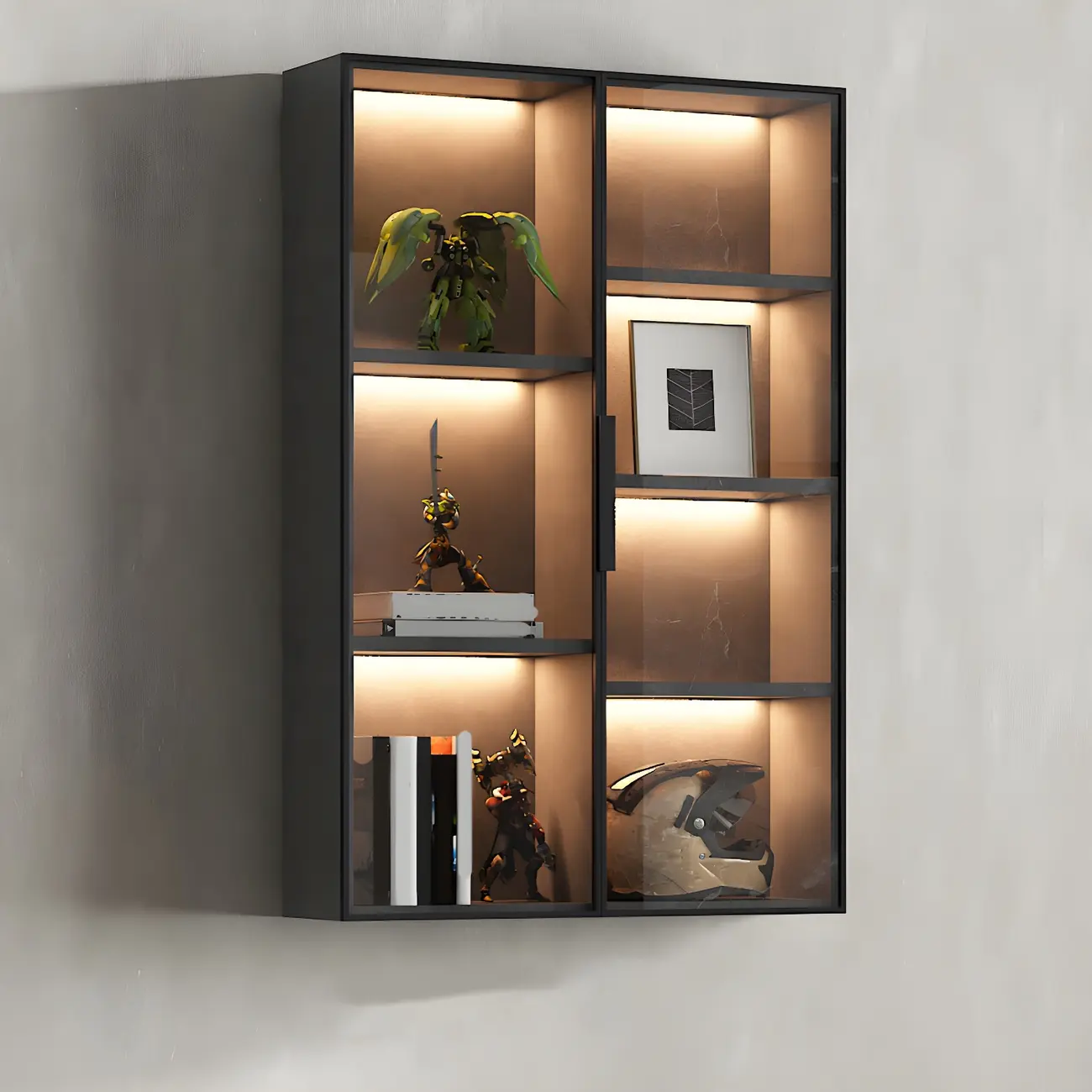 Contemporary Wall-Mounted Wooden Display Cabinet with Lights Image - 11 | homeyfad