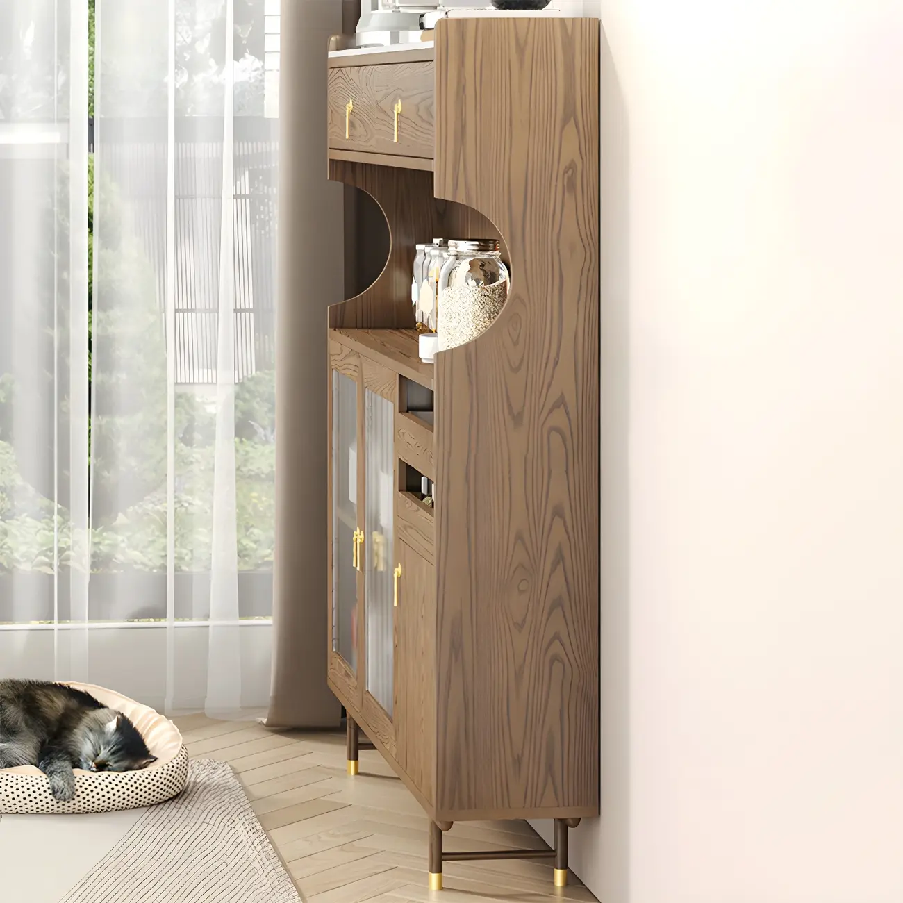 Nordic Wooden Glass Display Cabinet with Storage Drawers Image - 4 | homeyfad