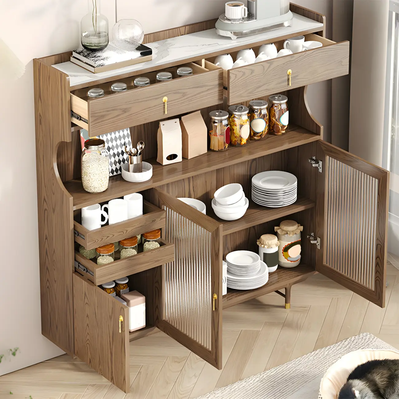 Nordic Wooden Glass Display Cabinet with Storage Drawers Image - 5 | homeyfad