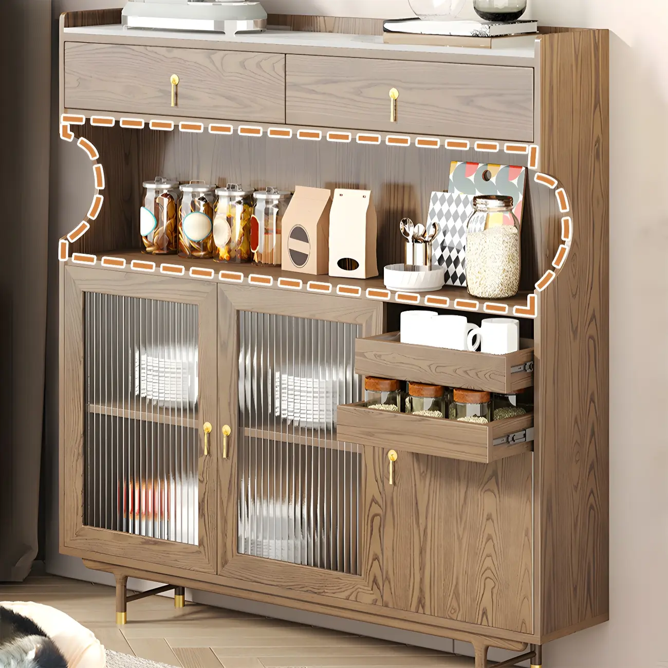 Nordic Wooden Glass Display Cabinet with Storage Drawers Image - 8 | homeyfad