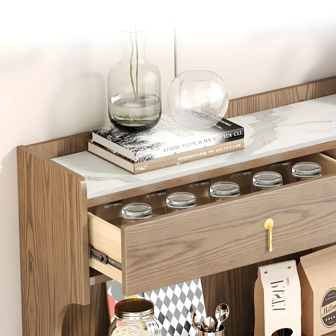 Nordic Wooden Glass Display Cabinet with Storage Drawers Image - 14