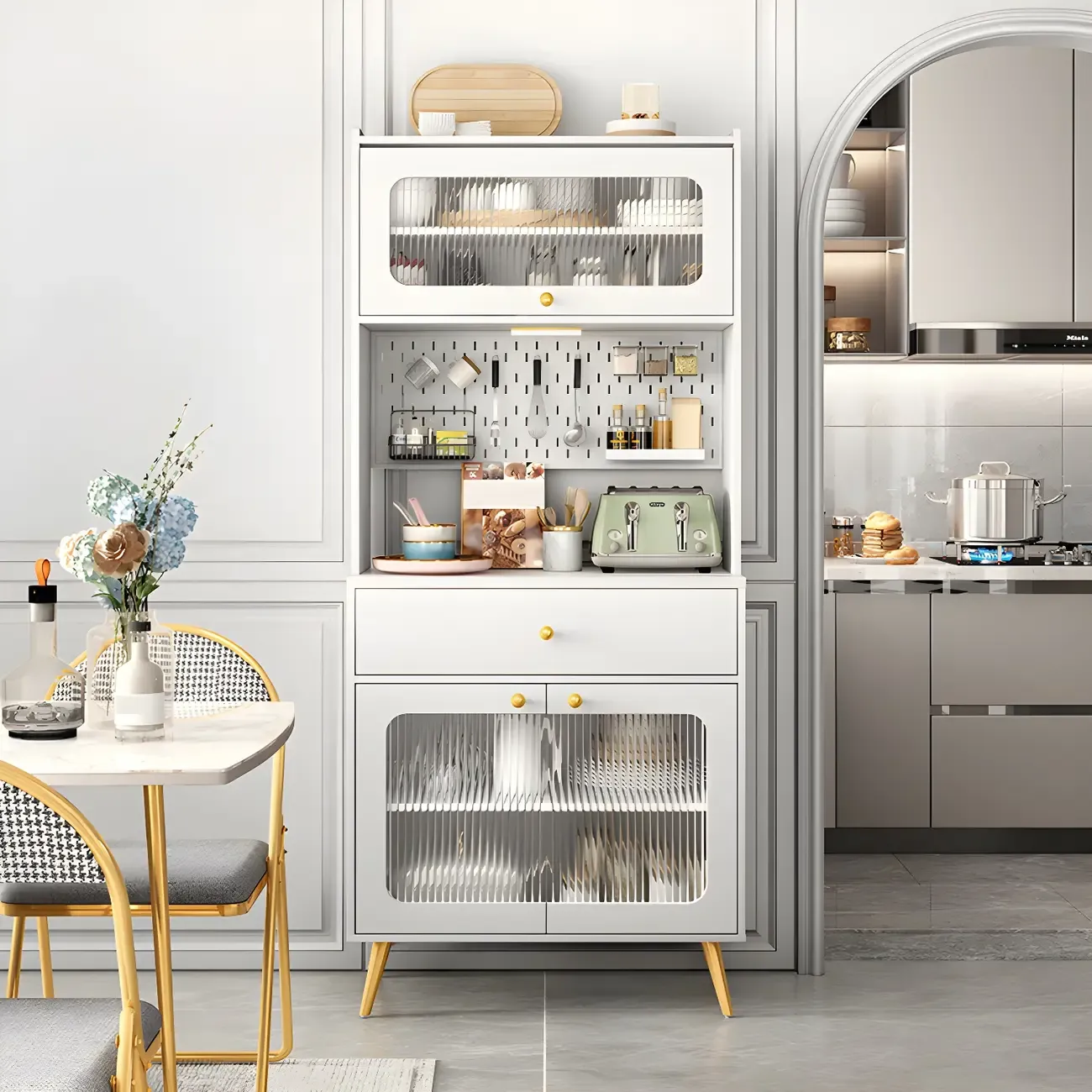 Modern Wood Cream White Hutch Cabinet with Glass Doors | HomeyFad