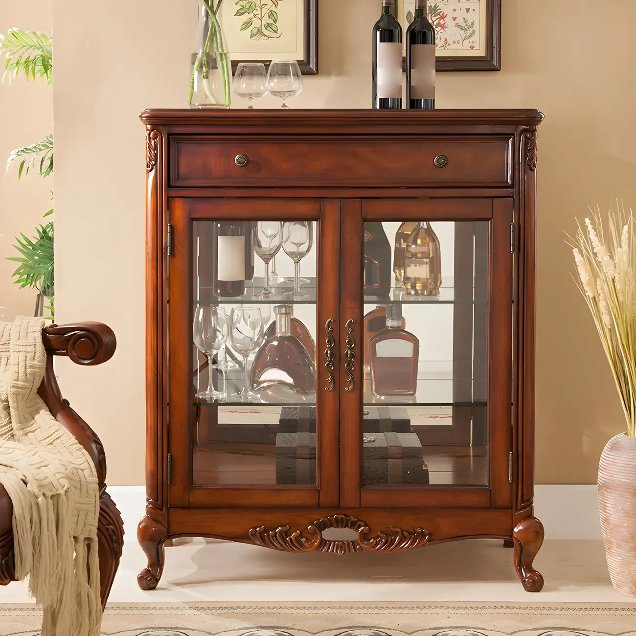 Traditional Wood Brown Glass Shelf Display Cabinet | HomeyFad