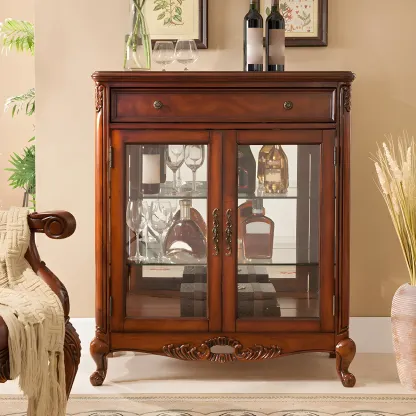 Vintage Brown Wooden Glass Cabinet with Carved Details Image - 1