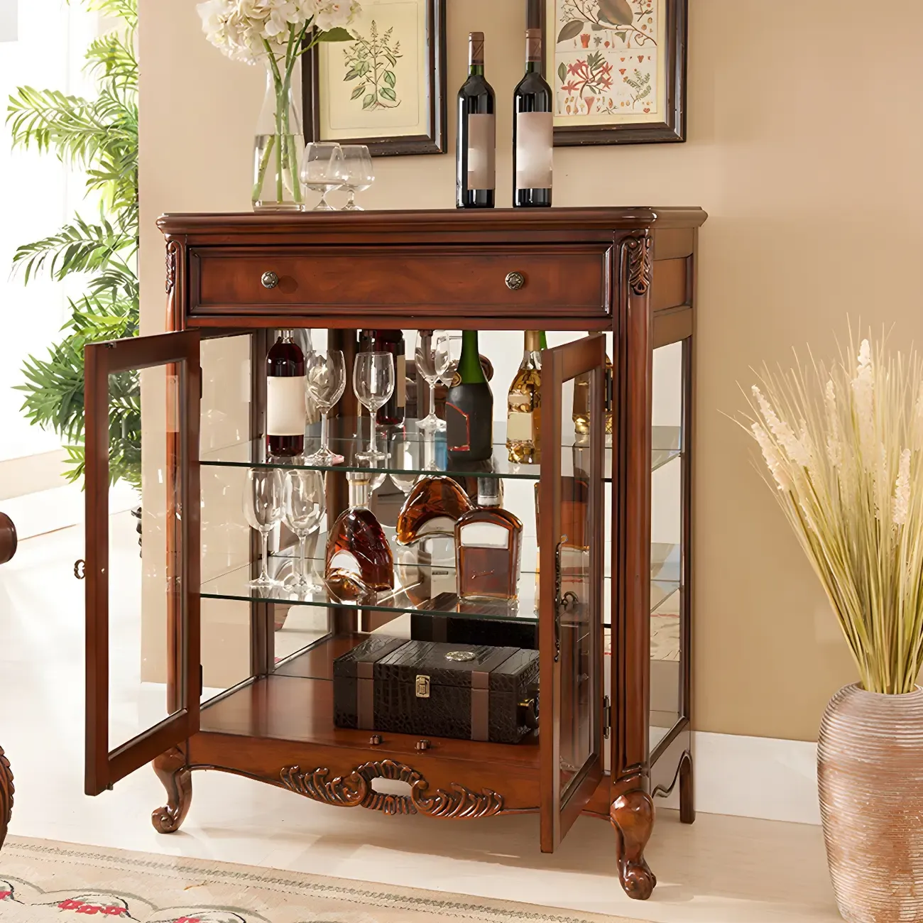 Vintage Brown Wooden Glass Cabinet with Carved Details Image - 2