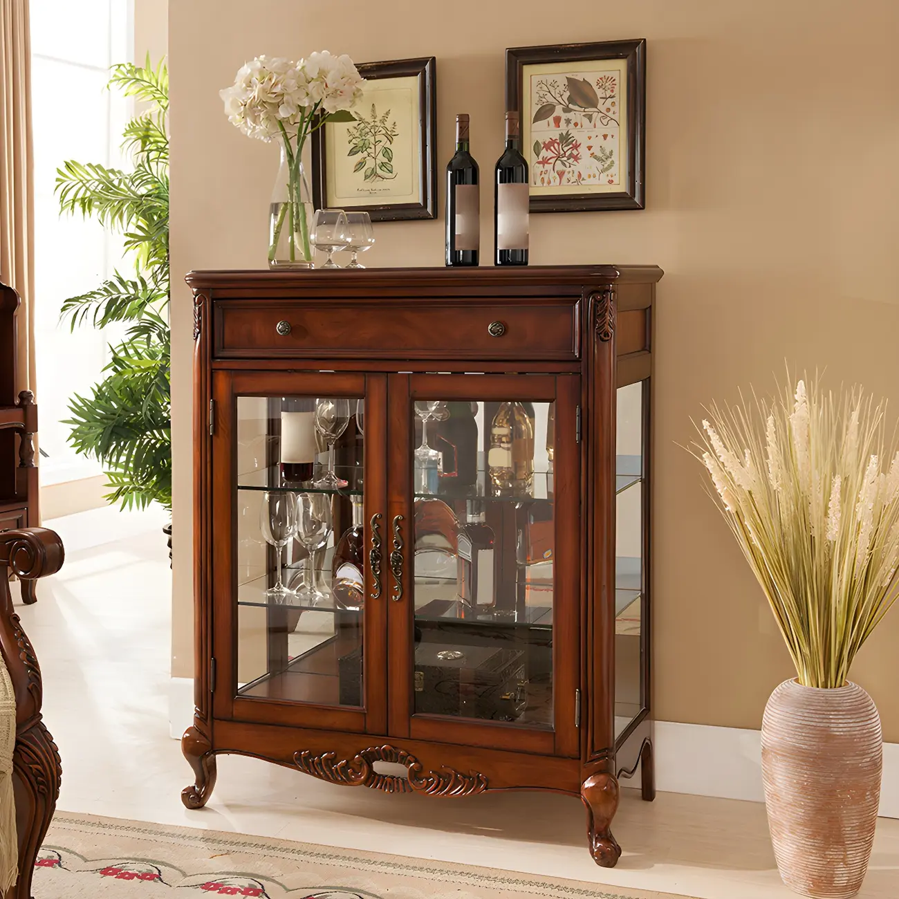 Vintage Brown Wooden Glass Cabinet with Carved Details Image - 5 | homeyfad