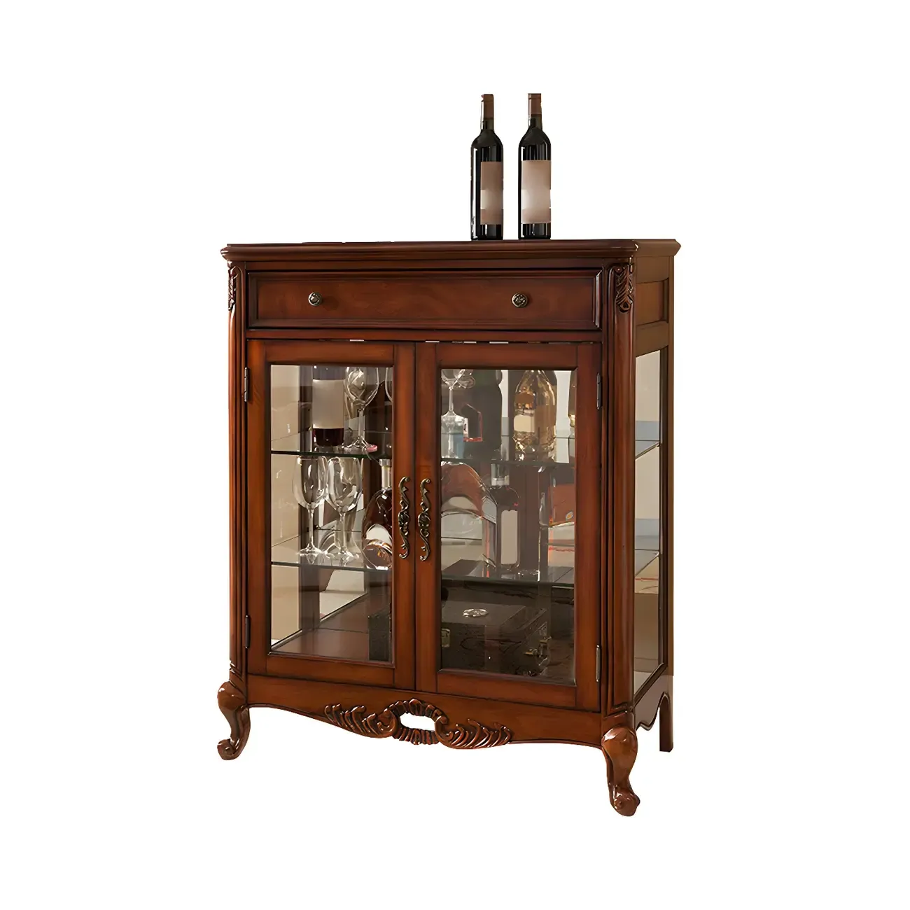 Vintage Brown Wooden Glass Cabinet with Carved Details Image - 6
