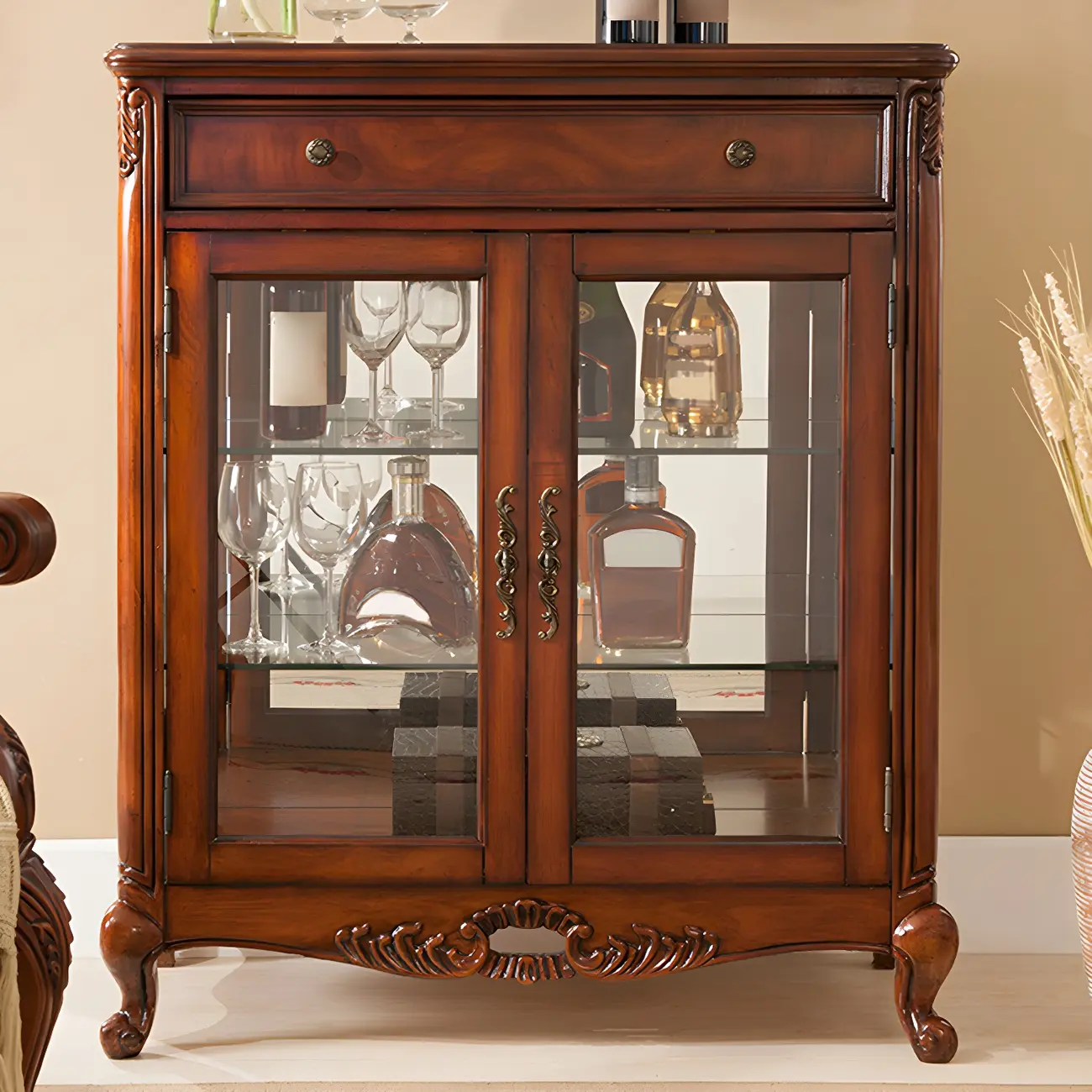 Vintage Brown Wooden Glass Cabinet with Carved Details Image - 7 | homeyfad