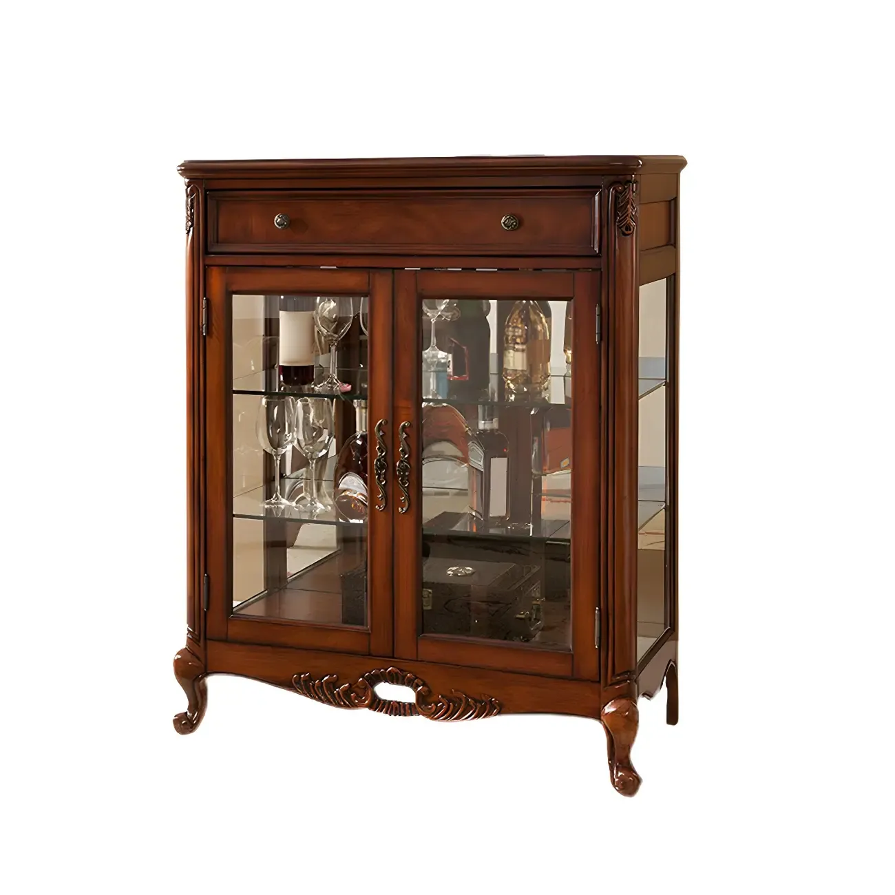 Vintage Brown Wooden Glass Cabinet with Carved Details Image - 8