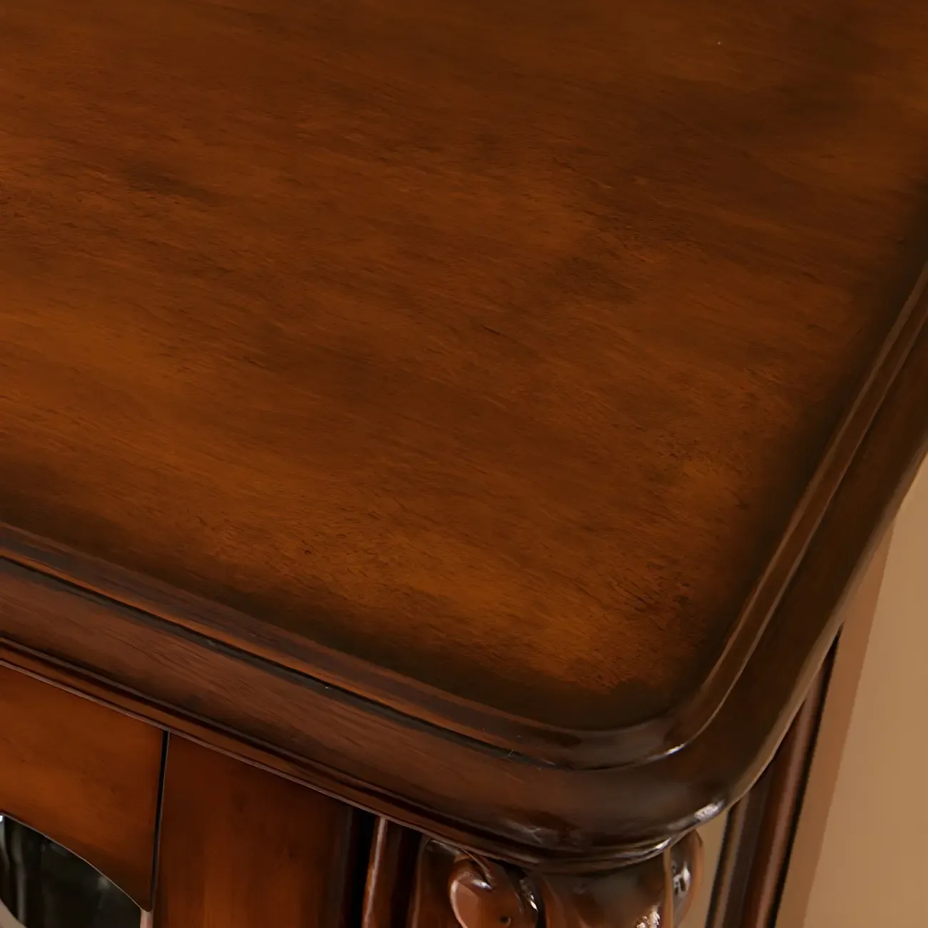 Vintage Brown Wooden Glass Cabinet with Carved Details Image - 10