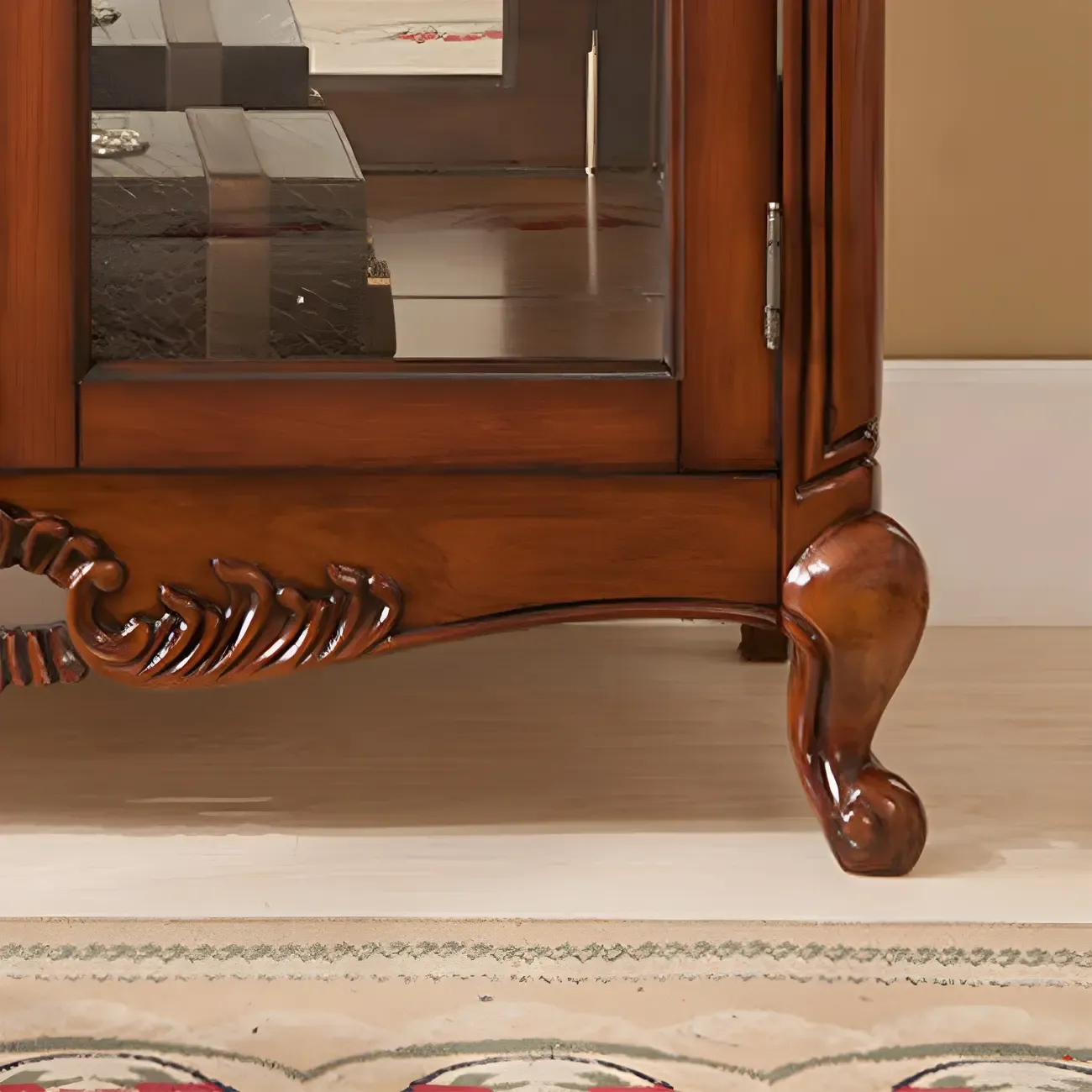 Vintage Brown Wooden Glass Cabinet with Carved Details Image - 11