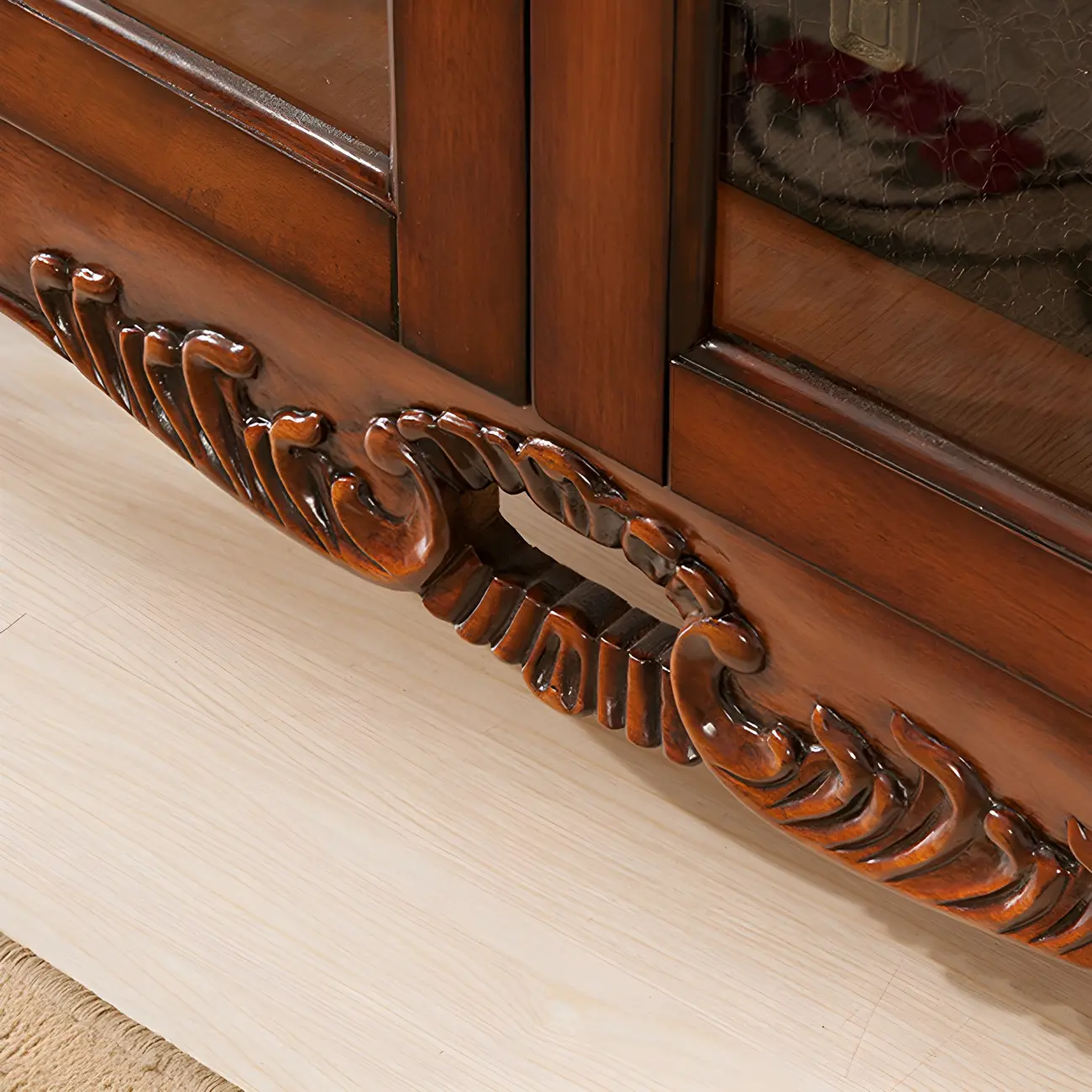 Vintage Brown Wooden Glass Cabinet with Carved Details Image - 12 | homeyfad