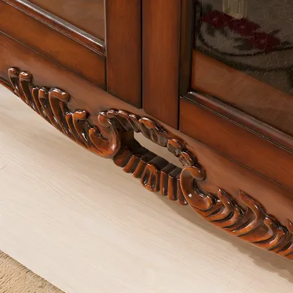 Vintage Brown Wooden Glass Cabinet with Carved Details Image - 12