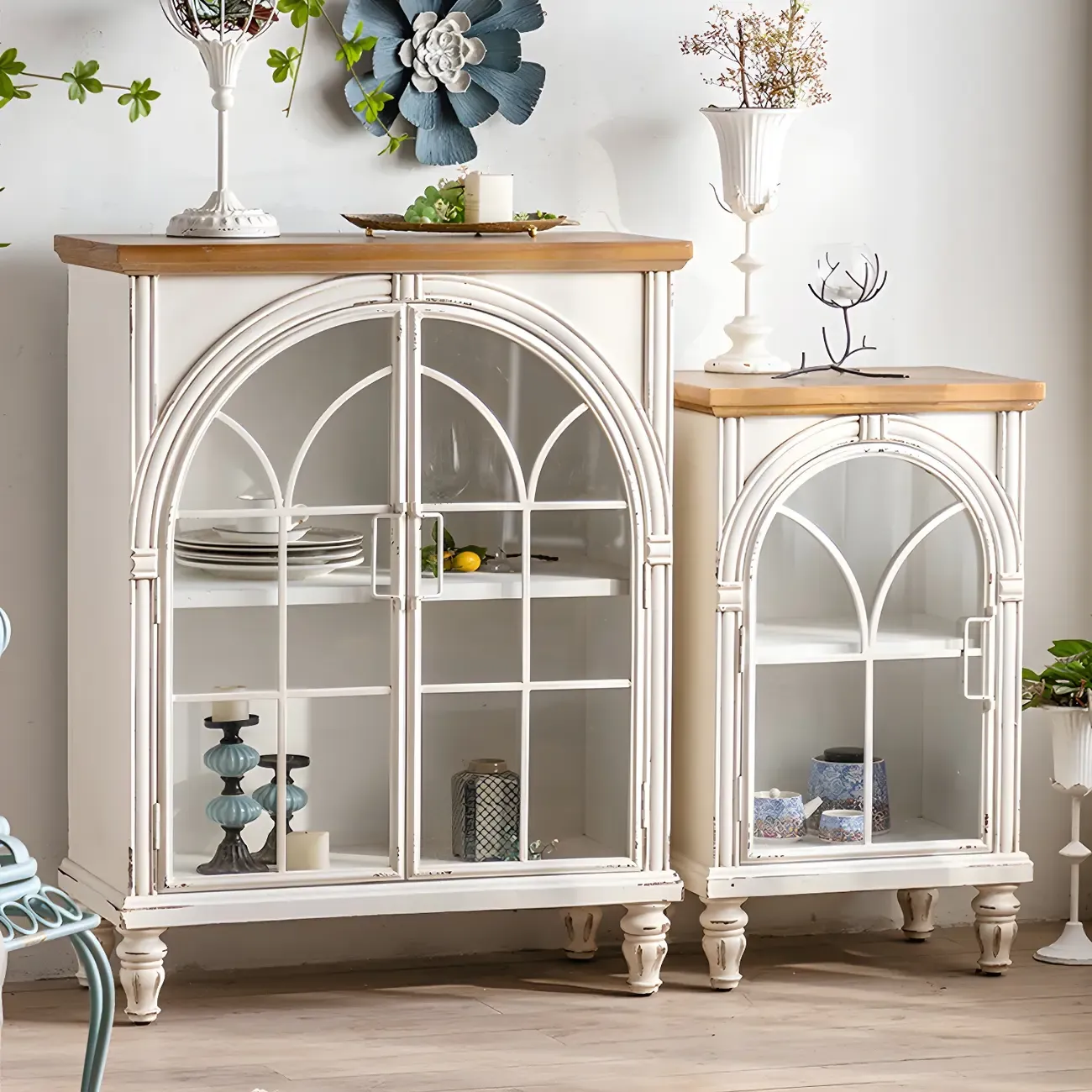 Classic Wooden Display Cabinet with White Curved Doors for Home Image - 1